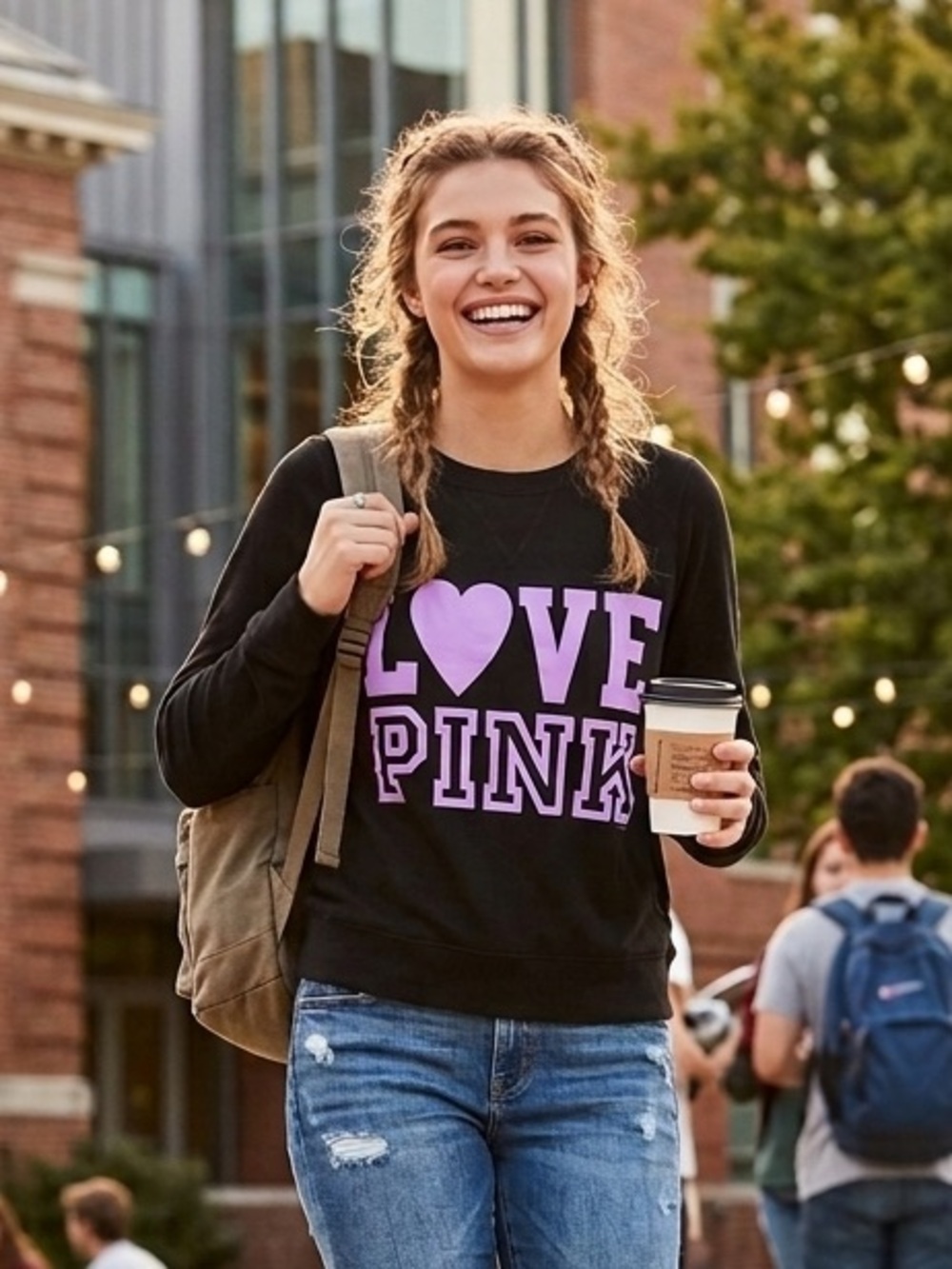 LOVE PINK Victoria's Secret Black Crewneck Sweatshirt with Purple Graphic, Large